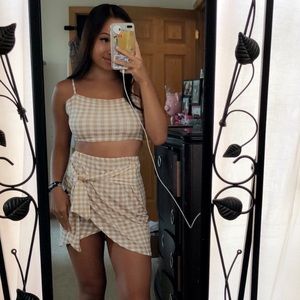 two piece gingham crop top and wrap skirt set